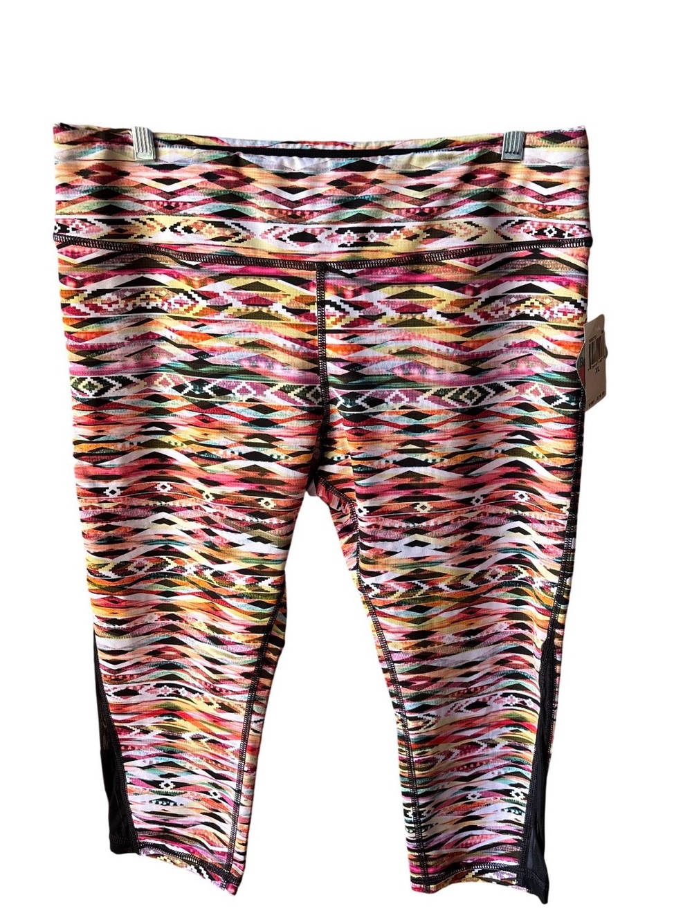 Pink Lotus Multicolor Aztec Capri Leggings with Black Side Panels